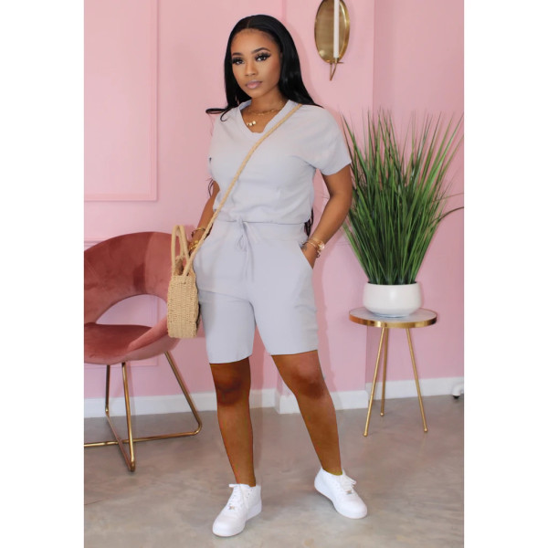 Casual Solid V Neck Two Piece Shorts Set TK-6065