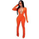 Solid Deep V Neck Long Sleeve Bodycon Jumpsuit SFY-001