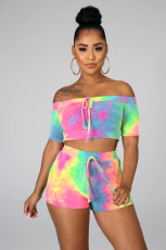 Tie Dye Print Slash Neck Two Piece Shorts Set WSM-5129