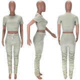 Solid Short Sleeve Ruched Pants 2 Piece Sets MN-9237