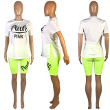 Pink Letter Print Split T Shirt Shorts 2 Piece Sets MEI-9078