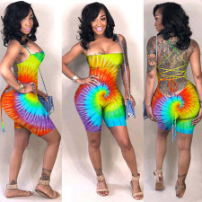 Plus Size Tie Dye Print Backless Cross Strap Rompers ASL-6257