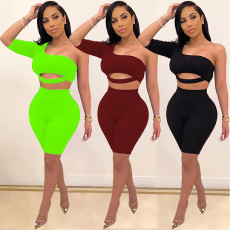 Solid One Shoulder Bodycon Two Piece Shorts Set MEI-9079