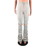 Solid Ruched Holes Long Sweatpants SMD-2024