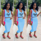Pink Letter Print Tank Top And Skirt 2 Piece Sets SHD-9224