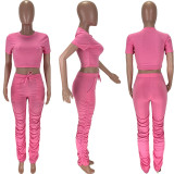 Solid Short Sleeve Stacked Pants 2 Piece Sets MN-9237-2
