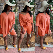 Solid V Neck Loose T Shirt And Shorts 2 Piece Set MX-10873