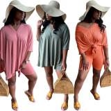 Solid V Neck Loose T Shirt And Shorts 2 Piece Set MX-10873