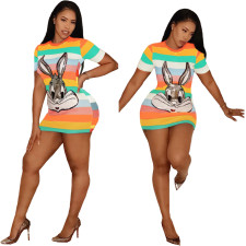 Plus Size Rainbow Stripe Sequin Rabbit Printed Mini Dress FNN-8203