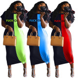 Plus Size Contrast Color Letter Short Sleeve Maxi Dress NM-N8108