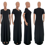 Solid V Neck Short Sleeve Casual Loose Maxi Dress LDS-T3205