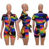 Colorful Printed Deep V Neck Sashes Rompers HM-M6199