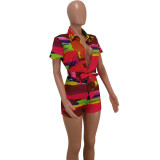 Colorful Printed Deep V Neck Sashes Rompers HM-M6199