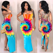 Tie Dye Print Backless Lace Up Split Maxi Dress LDS-T3201