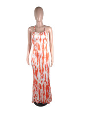 Tie Dye Print Cross Strap Backless Long Maxi Dress YM-N9196