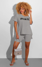 Letter Print V Neck T Shirt Shorts 2 Piece Sets SFY-H107