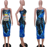 Tie Dye Print Sleeveless Slip Slim Midi Dress TK-6077