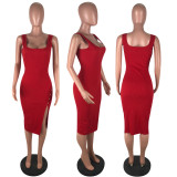 Solid Sleeveless Split Slim Fit Midi Dress YN-9065