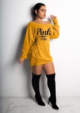 Plus Size Long Sleeve Sexy Pink Print Midi Dress LP-6201
