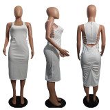 Sexy Sleeveless Backless Ruched Slim Midi Dress JH-H152