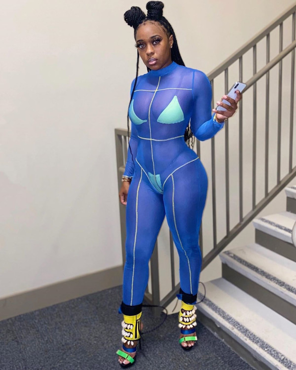 Sexy See Through Blue Skinny Jumpsuits MOF-8814
