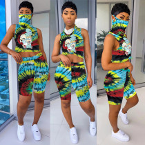 Tie Dye Print Sleeveless Two Piece Shorts Set With Mask TE-4019