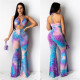 Sexy Tie Dye Halter Backless Strappy Flared Jumpsuit LSL-6346