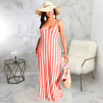 Casual Loose Striped V Neck Slip Maxi Dress SMR-9615