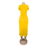 Solid Short Sleeve O Neck Long Maxi Dress AIL-093