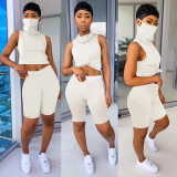 Solid Sleeveless Casual Two Piece Shorts Set With Mask TE-4018-1