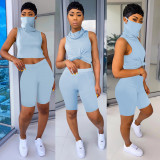 Solid Sleeveless Casual Two Piece Shorts Set With Mask TE-4018