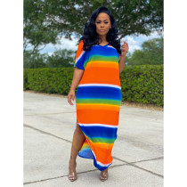 Colorful Stripe V Neck Split Maxi Dress IV-8085