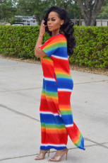 Colorful Stripe V Neck Split Maxi Dress IV-8085