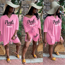 Casual Fashion Pink Letter Print V-Neck Two Piece Set SHD-9242