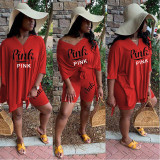 Casual Fashion Pink Letter Print V-Neck Two Piece Set SHD-9242