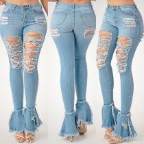 Trendy Denim Ripped Holes Flared Jeans Pants OD-8354