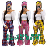 Trendy Plaid Flared Pant+T Shirt+HeadScarf 3 Piece Sets YIY-5167