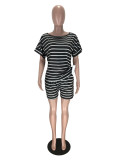 Plus Size Striped Short Sleeve Two Piece Shorts Set YNB-7080