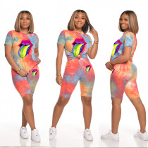Tie Dye Tongue Print Casual Two Piece Shorts Set MIL-109