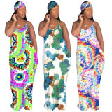 Tie Dye Print Sleeveless Maxi Slip Dress With Headscarf OYF-8195