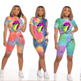 Tie Dye Tongue Print Casual Two Piece Shorts Set MIL-109