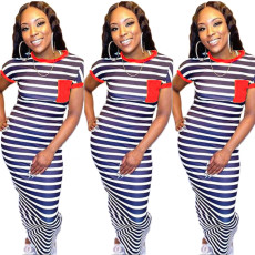 Plus Size Striped Short Sleeve Maxi Dress BLI-2026
