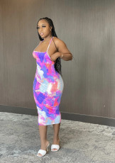 Sexy Tie Dye Print Backless Slip Midi Dress BS-1183