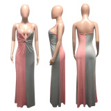 Contrast Color Sexy Deep V Spaghetti Strap Maxi Dress NIK-029