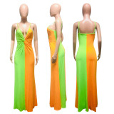 Contrast Color Sexy Deep V Spaghetti Strap Maxi Dress NIK-029