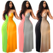 Contrast Color Sexy Deep V Spaghetti Strap Maxi Dress NIK-029-1