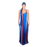 Colorful Stripe Loose Maxi Slip Dress With Headscarf BS-1187