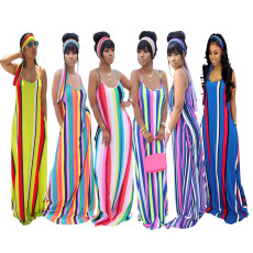 Colorful Stripe Loose Maxi Slip Dress With Headscarf BS-1187