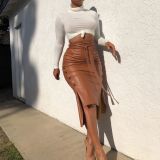 Brown Sexy Split Mid-length Slim Strappy Skirt LSL-6347
