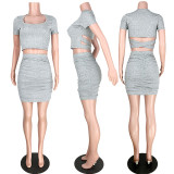 Solid Short Sleeve Ruched Skirt Two Piece Sets ASL-6268